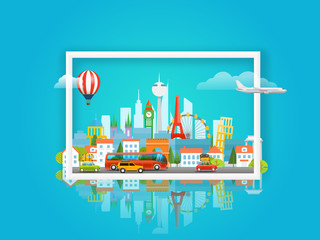 Wall Mural - Vector illustration with cityscape. Travel concept