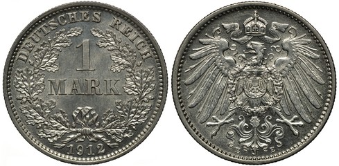 Wall Mural - Germany German silver coin 1 one mark 1912, denomination within circular wreath of oak branches, date below, imperial eagle with collar of the order and shield on chest, crown with ribbon above, 