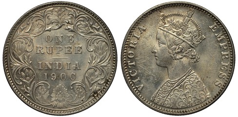 British India coin one rupee 1900, denomination within circular floral ornament, Queen Victoria bust left, colonial time, last but one year of reign, silver,