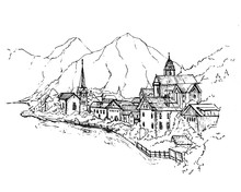 Vector Illustration Of Scenic Picture-postcard View Of Famous Hallstatt Mountain Village With Hallstaetter Lake In The Austrian Alps, Region Of Salzkammergut, Austria.Sketch