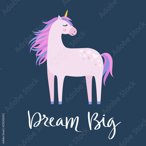 Download Magic cute pink unicorn on dark blue background. Dream big ...