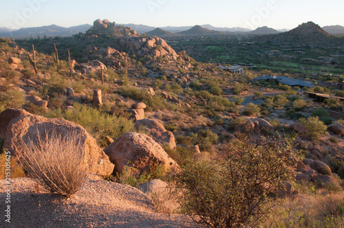 Fotografie, Obraz The sun warms boulders of Pinnacle Peak at dawn in the Mountains of Scottsdale, Arizona
