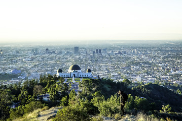 Wall Mural - Los Angeles sunset, California, USA downtown skyline from Griffith park panoramic view