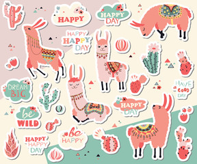 Vector stickers with lovely llamas, flowers and cacti and motivational stickers