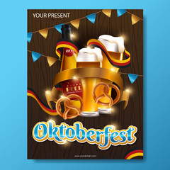 Advertisement poster template of Oktoberfest beer party with different objects related with beer festival