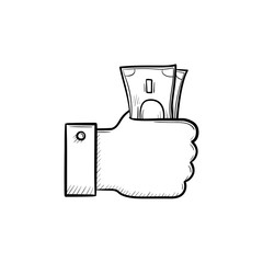 Sticker - Hand holding banknotes hand drawn outline doodle icon. Spending and exchanging money, paying cash concept. Vector sketch illustration for print, web, mobile and infographics on white background.