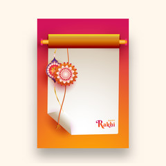 Wall Mural - Creative greeting card design with illustration of floral rakhi on blank scroll paper and space for your wishes.