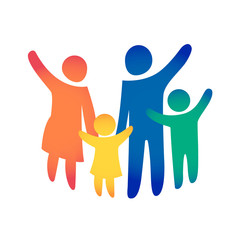 Wall Mural - Happy family icon multicolored in simple figures. Two children, dad and mom stand together. Vector can be used as logotype