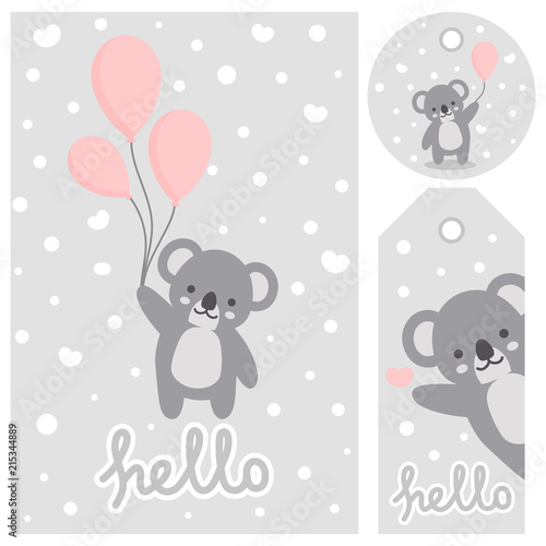 Dekoracja na wymiar  koala-wektor-wydruku-karta-baby-shower-czesc-koala-z-balonowa-ilustracja-kreskowki-powitanie