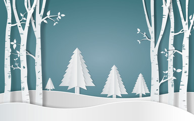 Merry christmas,Snow forest. pines in winter and mountain Paper vector Illustration