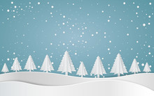 Merry Christmas,Snow Forest. Pines In Winter And Mountain Paper Vector Illustration