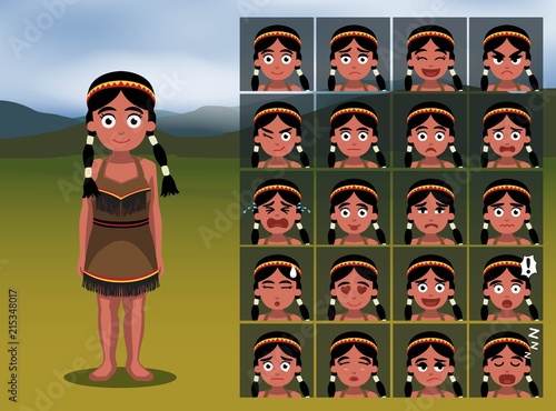 Native American Indian Girl Cartoon Emotion faces Vector Illustration
