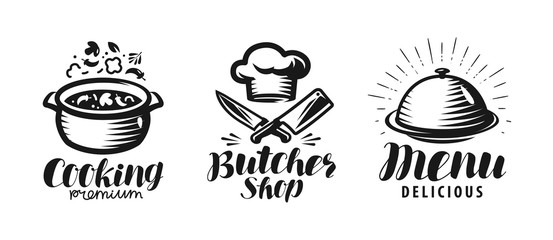 Sticker - Cooking, butcher shop, menu logo or label. Food concept. Lettering vector illustration