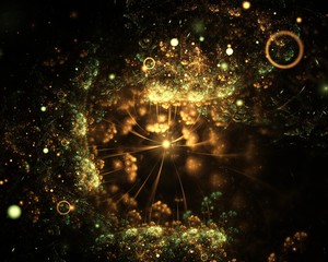 Wall Mural - Abstract golden-green sparkling underwater fractal background with spotlights on black background. Fractal art