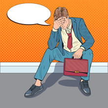 Pop Art Stressed Businessman Sitting On The Floor. Tired Disappointed Man. Despair Office Worker. Vector Illustration