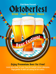 Wall Mural - Oktoberfest poster vector. Munich beer festival flyer design. Group of full glass beer illustration with germany flag ribbon and bavaria flag background. Banner, label, invitation template.