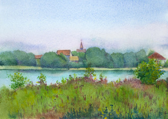 Wall Mural - summer landscape with a river and a field