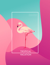 Tropical Vacation Layout With Flamingo Bird For Web, Landing Page, Banner, Poster, Website Template. Hello Summer Background For Mobile App, Social Media. Vector Illustration
