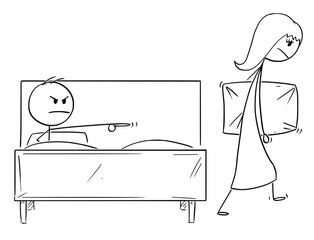 Poster - Cartoon stick drawing conceptual illustration of woman expelled or banished from bed by man. Concept or relationship difficulties.