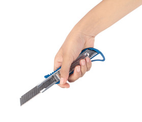 hand holding Blue cutter knife isolated on white background