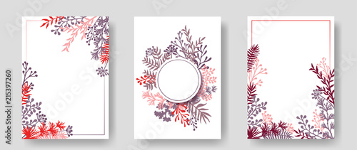 Vector invitation cards with herbal twigs and branches wreath and corners bor...