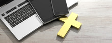 Golden Cross And Electronic Devices, Wooden Background. 3d Illustration