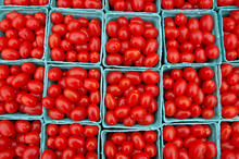 Farmer Market Cherry Tomatoes In Blue Container Pattern View From Above.