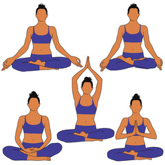 Wall Mural - Set of colored silhouettes on woman practicing meditation.