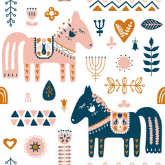 Wall Mural - Hand drawn seamless folk art pattern. Nordic repeating pattern with Dala Horse and forest floral elements. Vector illustration.