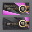 Vector gift voucher template. Universal flyer black pink gold design elements. Gift voucher value 100 dollars for department stores, business. Abstract trianlge background.