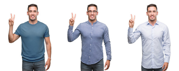 Sticker - Handsome young man wearing different outfits showing and pointing up with fingers number two while smiling confident and happy.