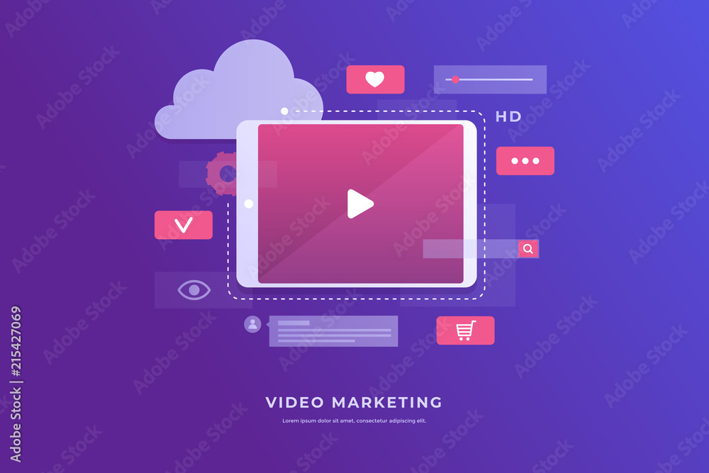 Video marketing concept. Tablet screen with an icon of video player and icons for mobile applications. Innovations and technologies. Vector flat illustration. - obrazy, fototapety, plakaty 