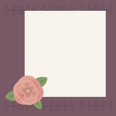 White square sheet for writing or congratulation on a lilac background with a pattern, peach-colored rose voluminous flower with green leaves in the lower left corner vector illustration.