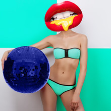 Playful Sexy Model With Disco Ball. Beach Party. Mix Bright Colors. Fashion Style.