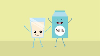 Wall Mural - kawaii cartoon bottle and glass milk animation hd