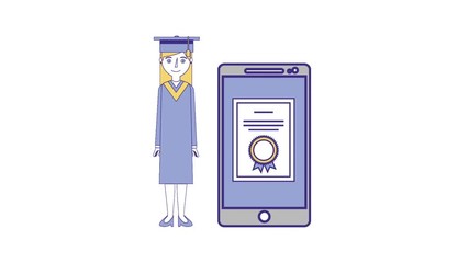 Wall Mural - graduate woman with smartphone certificate online animation hd animation hd