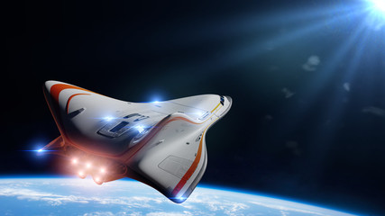 Wall Mural - spaceship in orbit of planet earth, shuttle orbiting the blue planet