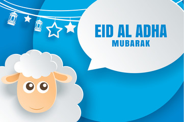 Poster - Eid Al Adha Mubarak celebration card with sheep and bubble speech in paper art blue background. Use for banner, poster, flyer, brochure sale template.