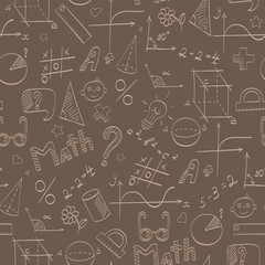 Wall Mural - Seamless pattern on the theme of the school, of education and of the subject mathematics, the beige hand-drawn graphics, formulas, and icons on brown background