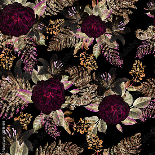 Bright watercolor pattern with flowers of a rose and  lily.