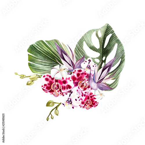 A beautiful watercolor bouquet with leaves of a palm tree, flowers or orchids.