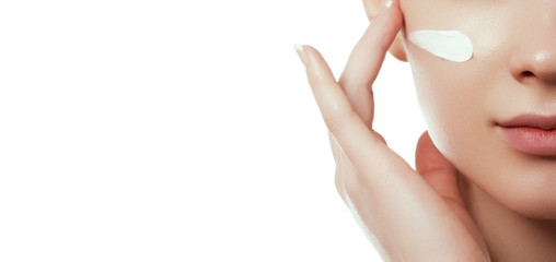 beauty face. beautiful young woman with clean fresh skin touch own face and body. facial treatment. 