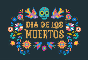 Wall Mural - Day of the dead, Dia de los moertos, banner with colorful Mexican flowers. Fiesta, holiday poster, party flyer, greeting card