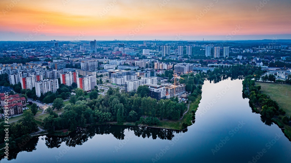 Obraz na płótnie Aerial drone view on Katowice at evening w salonie