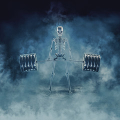 The phantom deadlift / 3D illustration of scary fitness skeleton lifting heavy barbell emerging through smoke