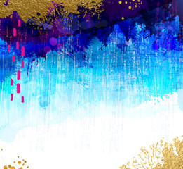 Wall Mural - bright contrast gold, cyan and blue watercolor stains on the grunge background. abstract vector comp