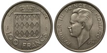 Monaco Monegasque Coin 100 One Hundred 1956, Crowned Shield With Rhombs, Face Value Below, Head Of Prince Rainier III Left, 