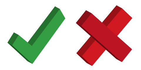 Tick and cross signs. Green checkmark OK and red X icons, isolated on white background. Simple marks graphic design, symbols YES and NO button for vote, decision, web.  illustration