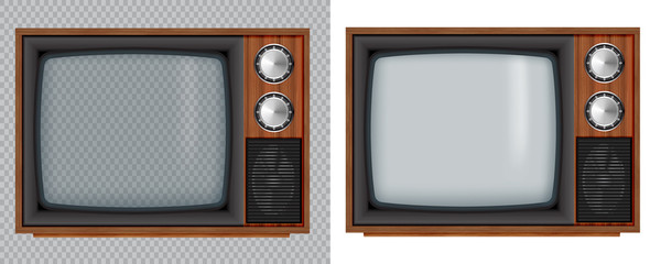 old wooden television.vector retro television mock up with transparent glass screen isolate on white