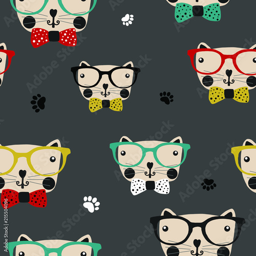 Hand drawn vector illustration cute cartoon seamless pattern cat, eyeglasses, pa Fototapete